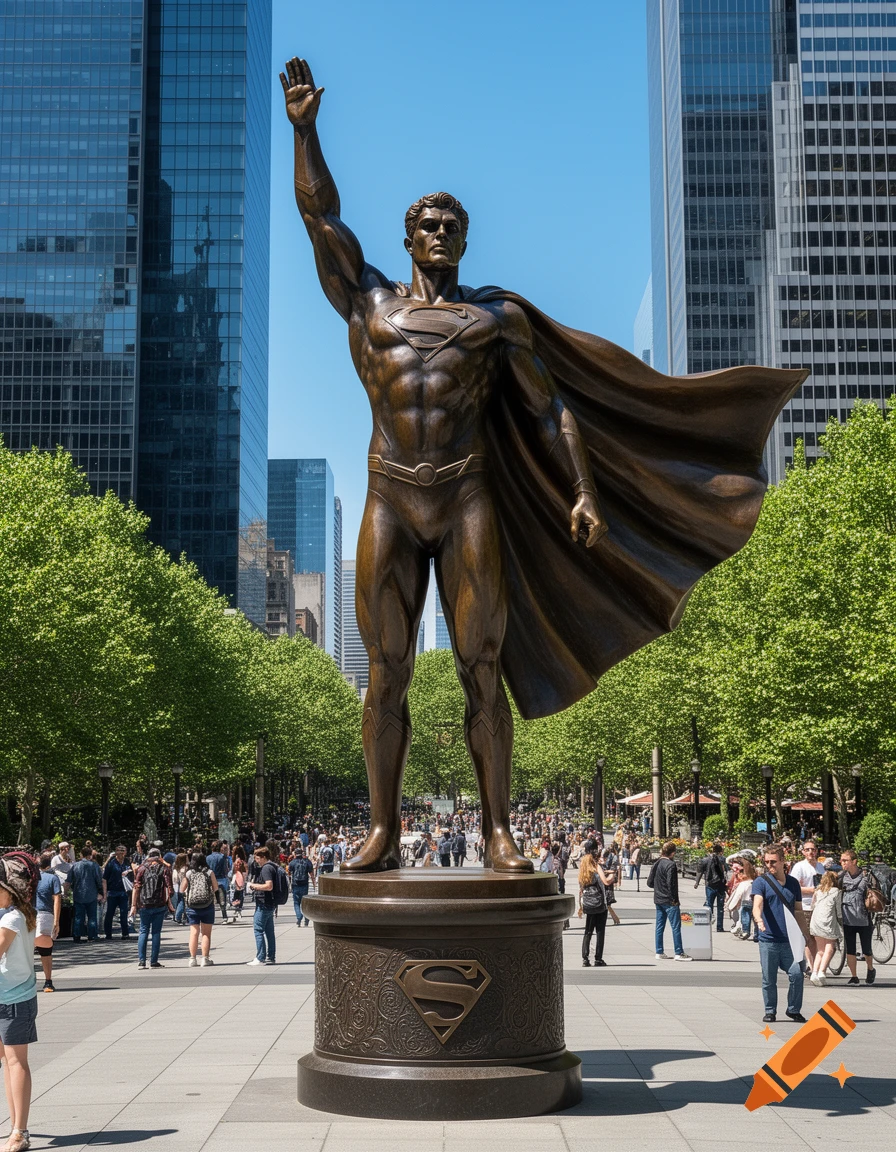 A large bronze Superman statue stands in a bustling city plaza with green trees and tall buildings under a clear blue sky.