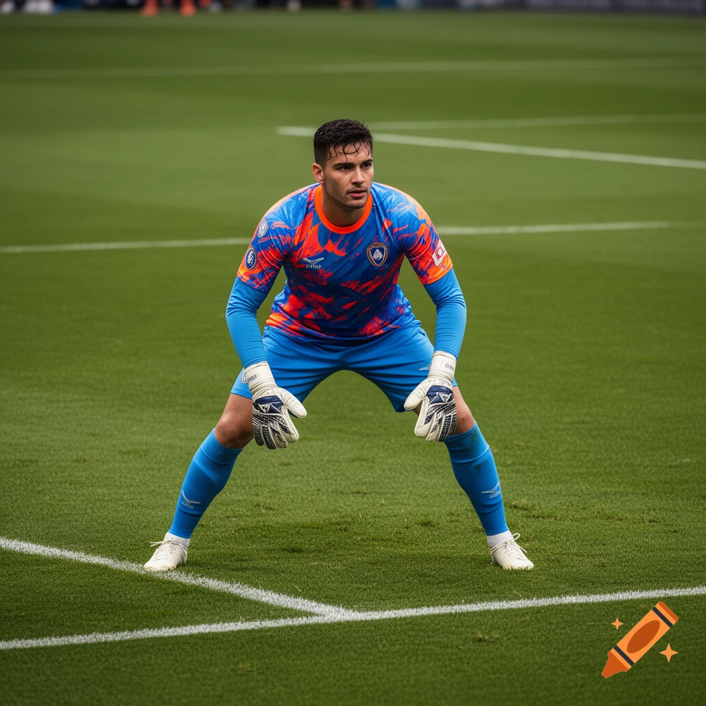 A male soccer goalkeeper in a blue and orange uniform and white gloves crouches on a green field.
