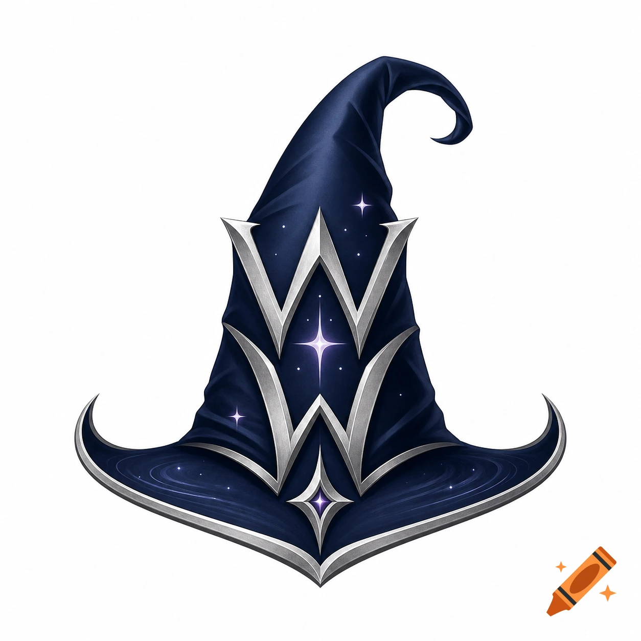 A dark blue wizard hat with silver 'W's and glowing purple stars, set against a white background.