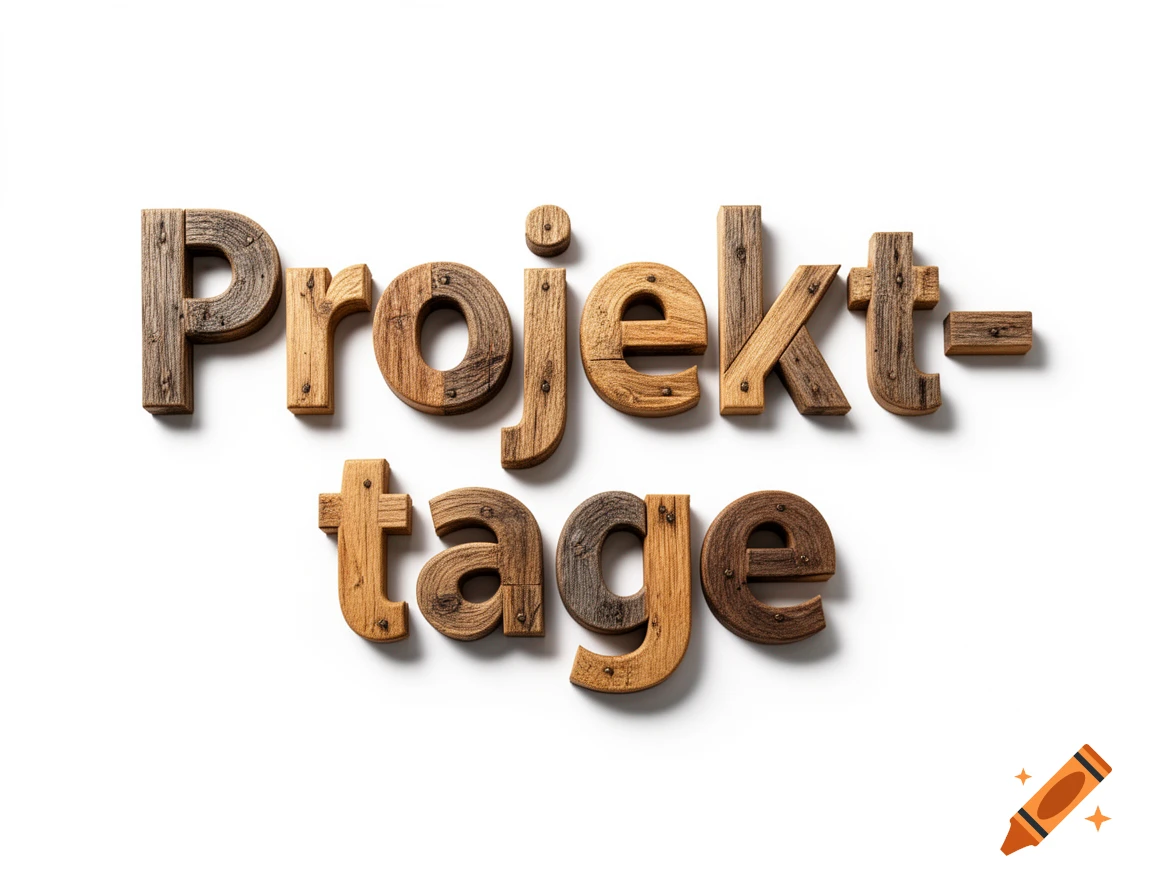 The word 'Projekttage' spelled out in rustic wooden letters, crafted from planks and nails, on a white background.