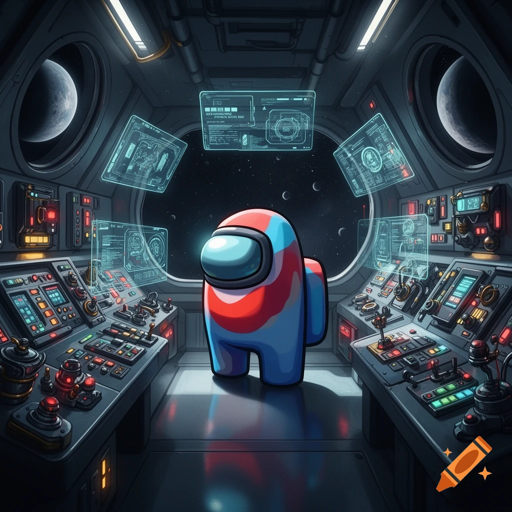 A red and blue Among Us character stands in a detailed spaceship cockpit with holographic screens and views of planets.