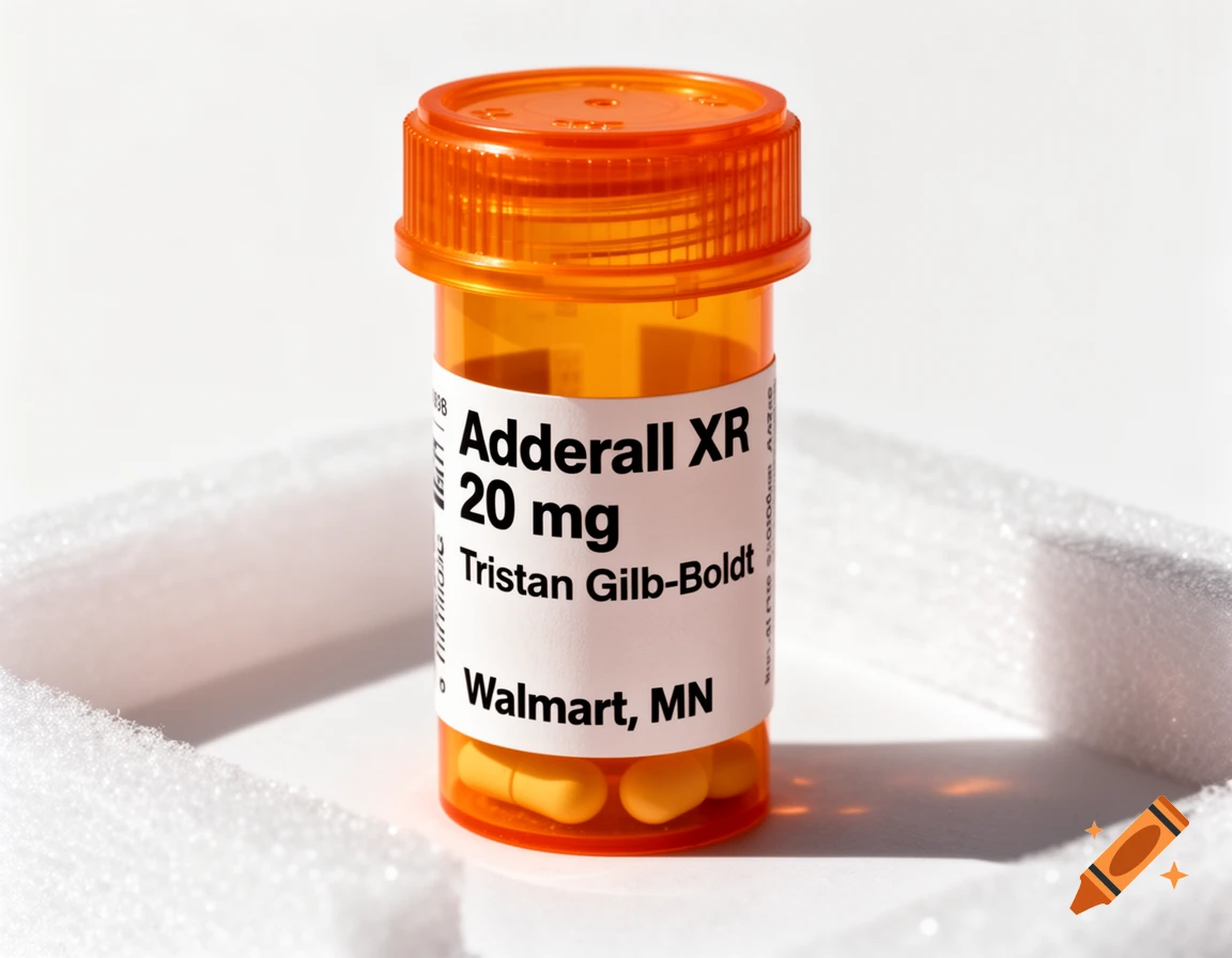 An orange prescription bottle labeled 'Adderall XR 20 mg' for Tristan Gilb-Boldt from Walmart, MN, containing yellow pills.