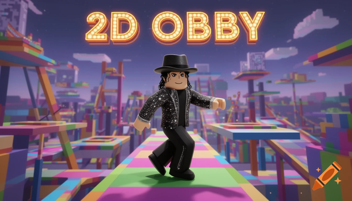 A Roblox character resembling Michael Jackson performs the moonwalk on a colorful "2D OBBY" platform.