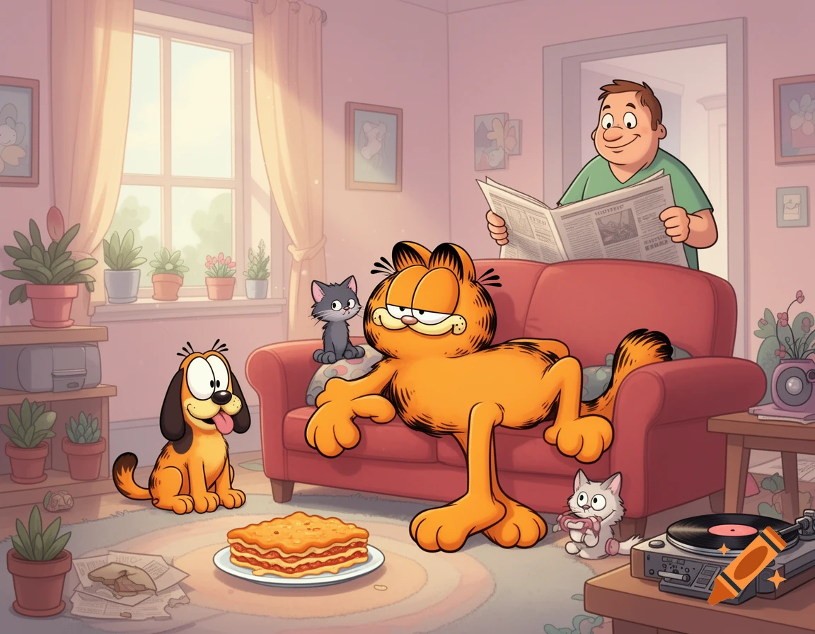 Garfield the orange cat relaxes on a red sofa next to a plate of lasagna, while Odie and two other cats look on. Jon Arbuckle reads a newspaper in the background of a sunny living room.