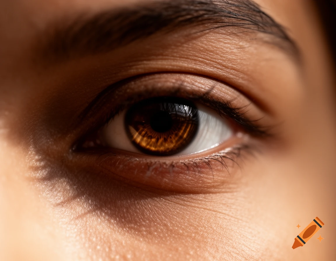 Close-up photorealistic shot of a human eye with a brown iris, visible eyelashes, and skin texture.