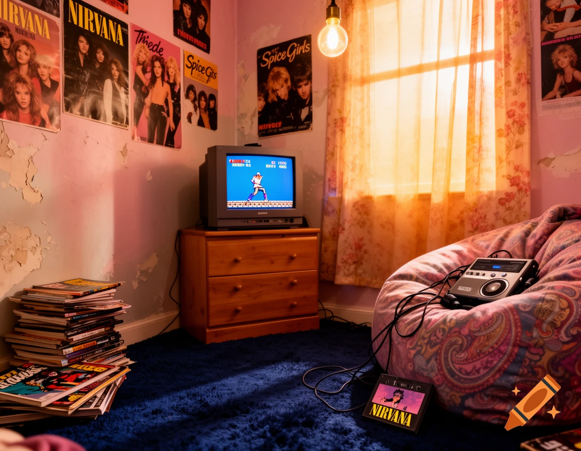 A retro 90s bedroom with a CRT TV displaying a video game, band posters, a stack of magazines, and a bean bag chair.
