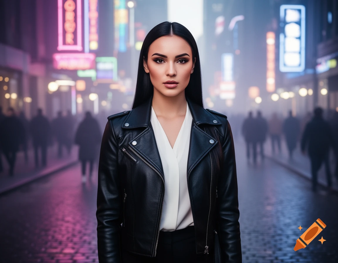 A photorealistic portrait of a woman with long dark hair, wearing a black leather jacket and white shirt, standing on a city street at night with neon signs.