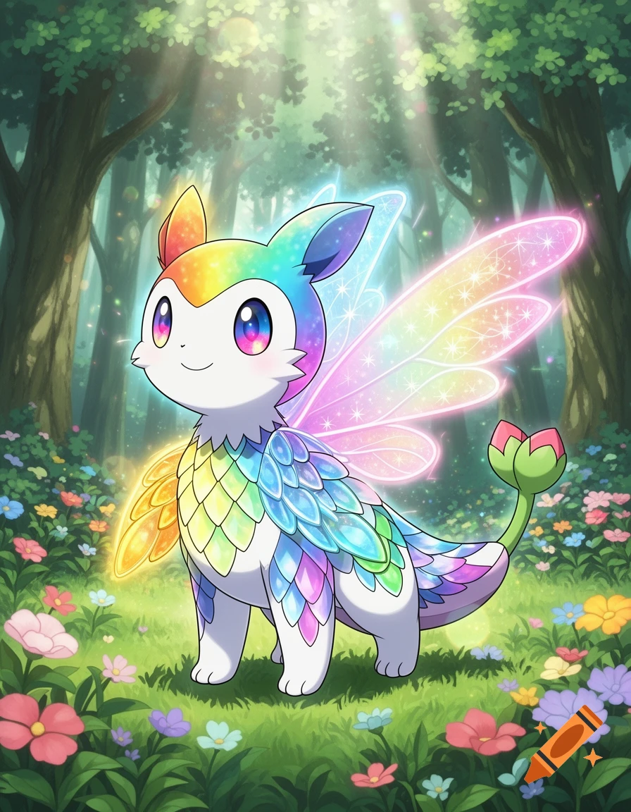 A cute, rainbow-colored, winged creature with large eyes stands in a vibrant, magical forest with flowers.