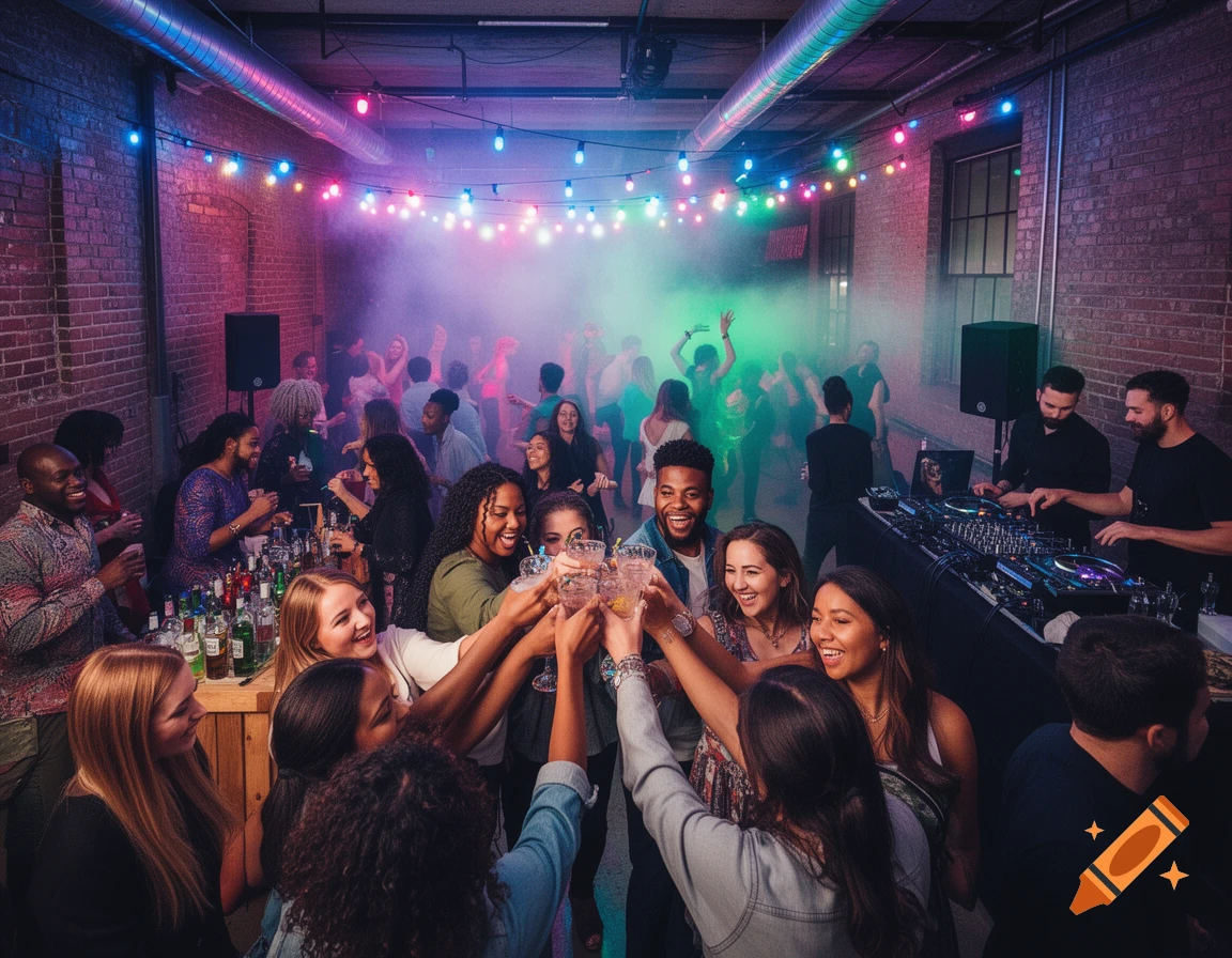 A lively party scene with diverse people toasting drinks in the foreground, and others dancing in a smoke-filled room with a DJ booth, colorful string lights, and exposed brick walls.