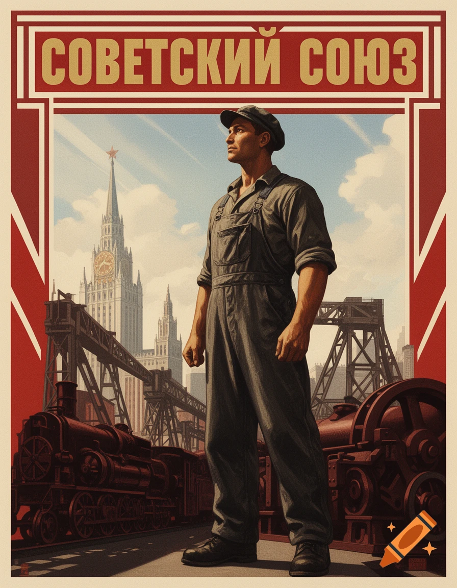 A man in worker overalls stands before trains and a Soviet-era building, in a vintage propaganda poster style with 'Soviet Union' text.