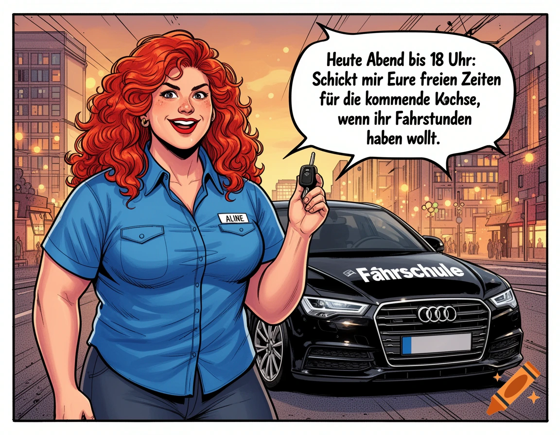Comic art of a smiling, red-haired driving instructor named Aline holding a car key, standing in front of a black Audi driving school car at sunset.