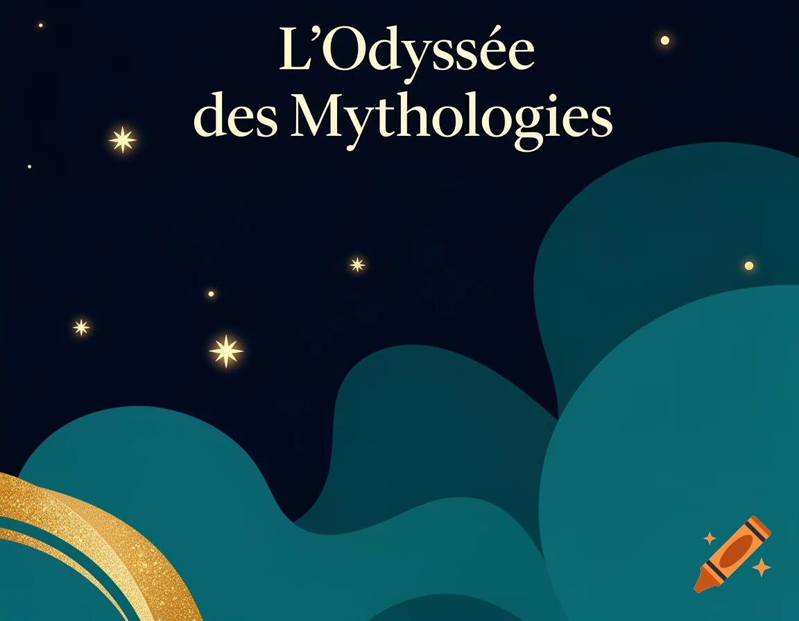 Stylized book cover 'L'Odyssée des Mythologies' with stars, teal waves, and gold accents on a dark blue background.