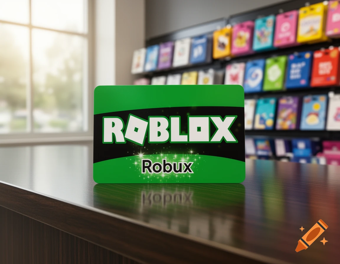 Photorealistic image of a green Roblox Robux gift card on a wooden counter in a store.