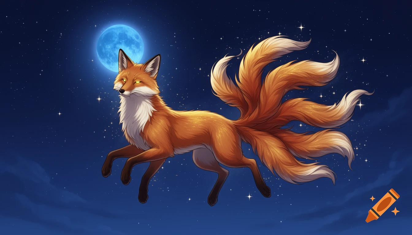 A stylized red and gold multi-tailed fox floats in a blue night sky with a full blue moon and many stars.
