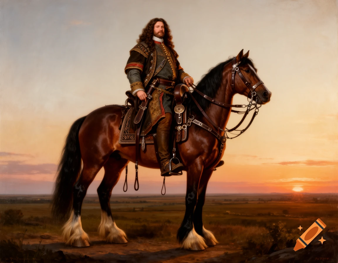 A man with long curly hair and a beard in historical attire rides a brown horse at sunset in a detailed painting.