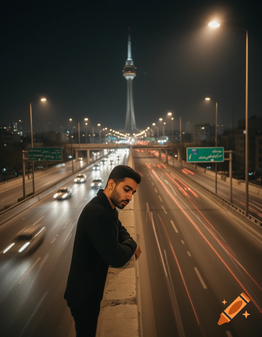 A photorealistic portrait of a man leaning on a concrete barrier overlooking a busy Tehran highway at night, with the Milad Tower in the background.