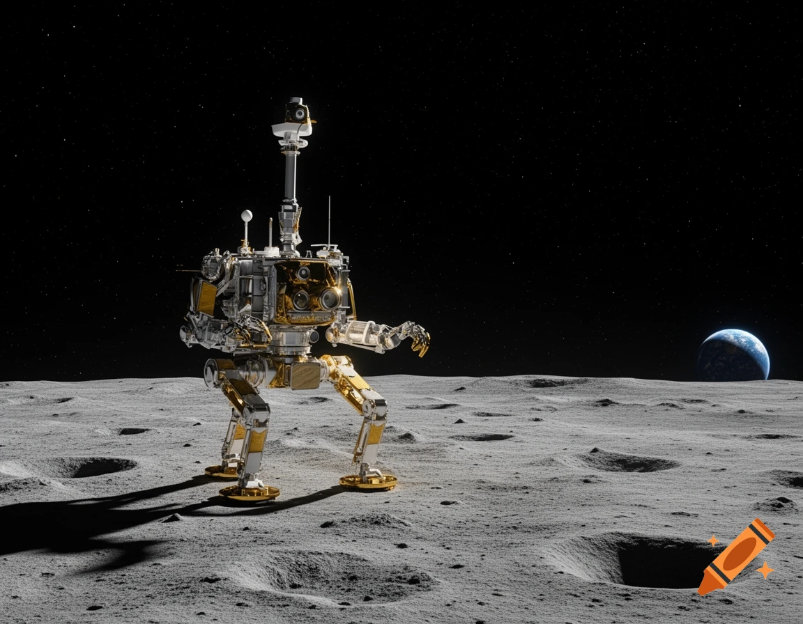 A detailed, photorealistic image of a multi-legged robot rover on the cratered lunar surface, with Earth visible in the distance.