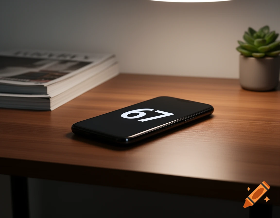 A black smartphone displaying "67" on its screen lies on a wooden desk next to a stack of magazines and a succulent plant.