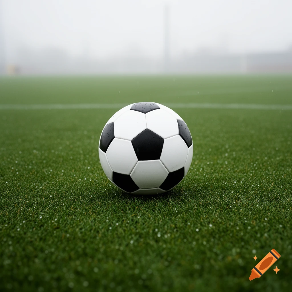 A black and white soccer ball rests on a wet, vibrant green grass field under a misty, overcast sky, in a photorealistic style.