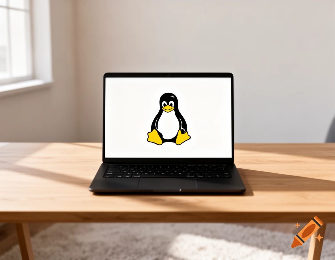 A black laptop on a wooden desk displays the black, white, and yellow Linux penguin logo on its screen.