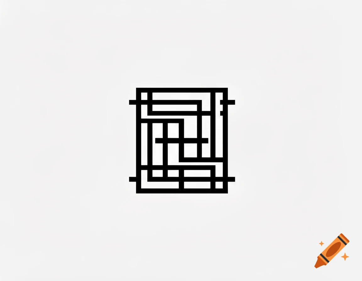 A black geometric maze-like pattern on a white background.