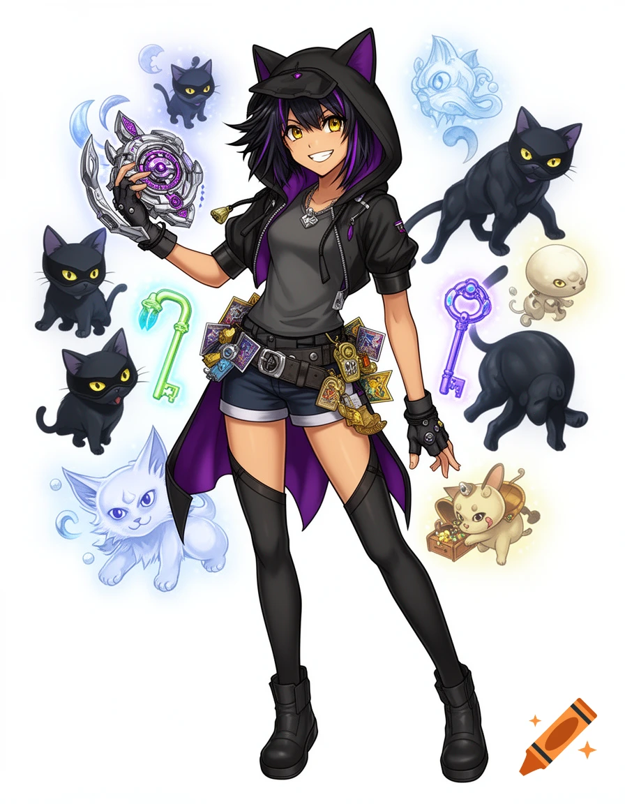 Anime girl with a cat-ear hood, black and purple outfit, tan skin, and golden eyes, holding a glowing device and surrounded by black cats, keys, and mystical creatures.
