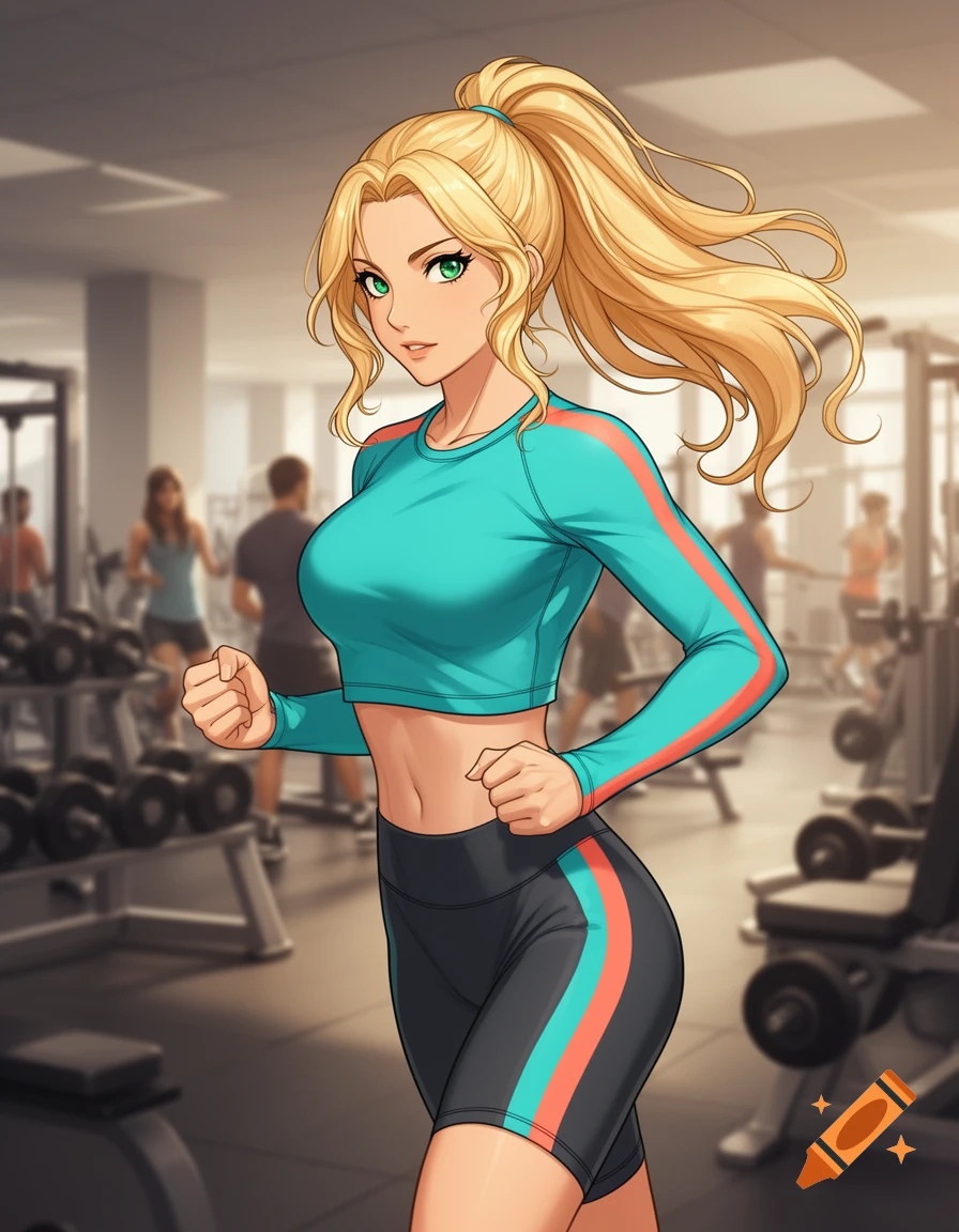Blonde anime woman in a gym, wearing a teal crop top and black shorts with colored stripes, as if jogging.