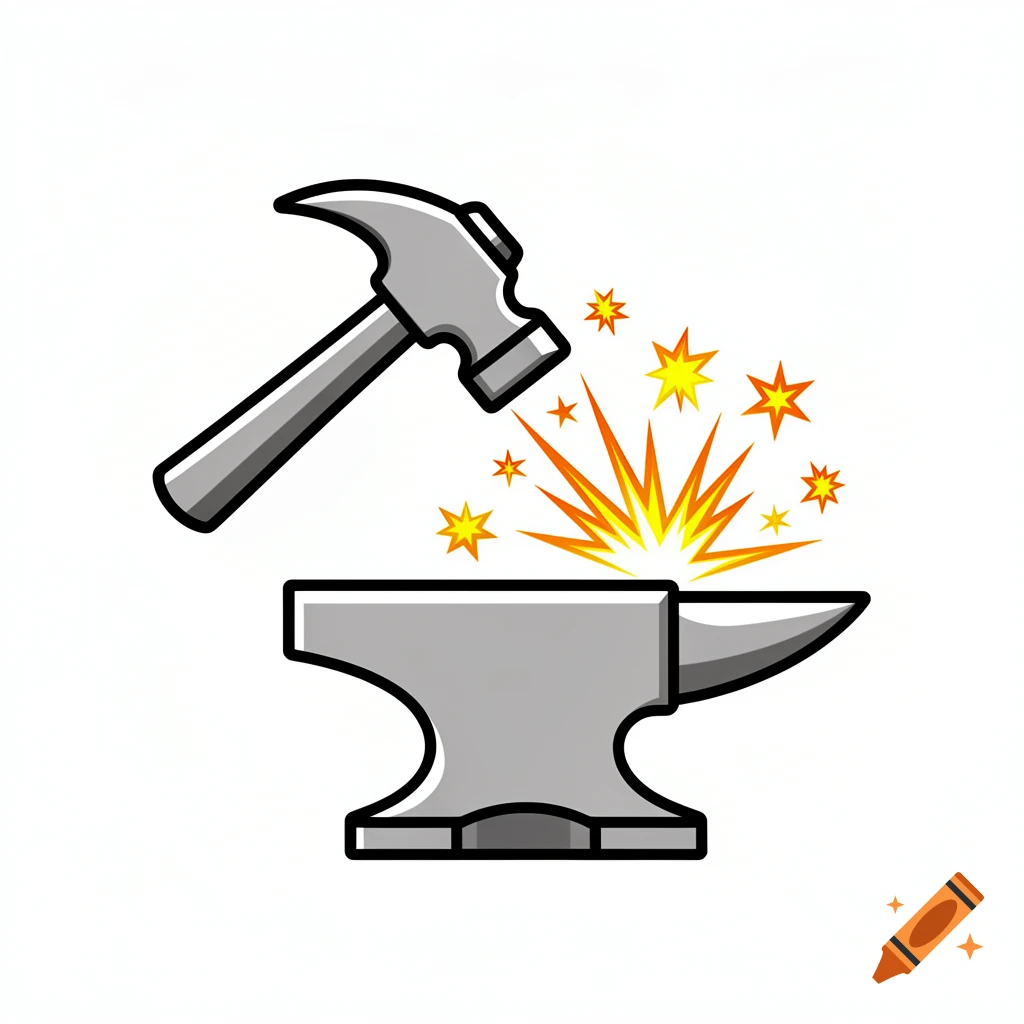 A cartoon icon of a grey hammer striking a grey anvil, generating yellow and orange sparks on a white background.