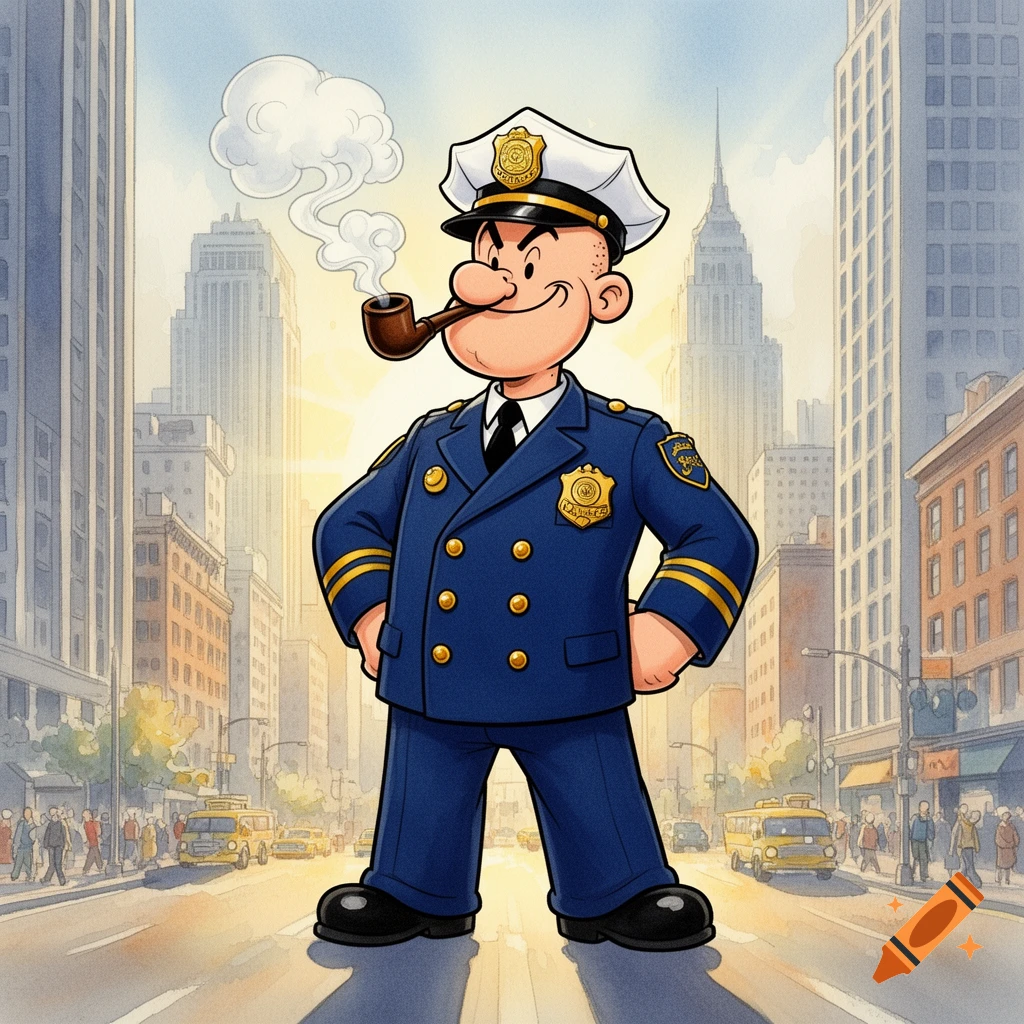 Popeye in a blue police uniform with a pipe, standing in a city street with skyscrapers and cars, in a cartoon style.