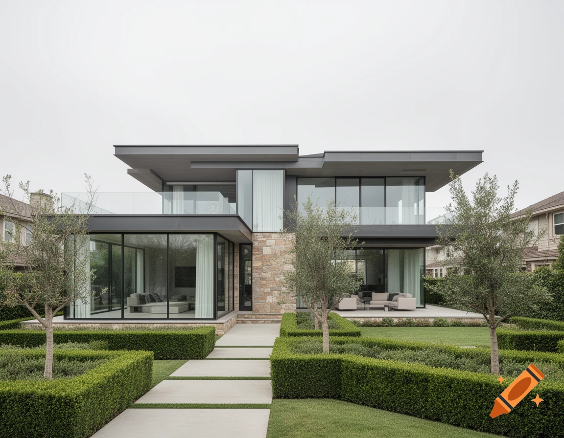 A sleek modern house with a flat roof, large glass windows, stone accents, and a manicured green garden with olive trees.