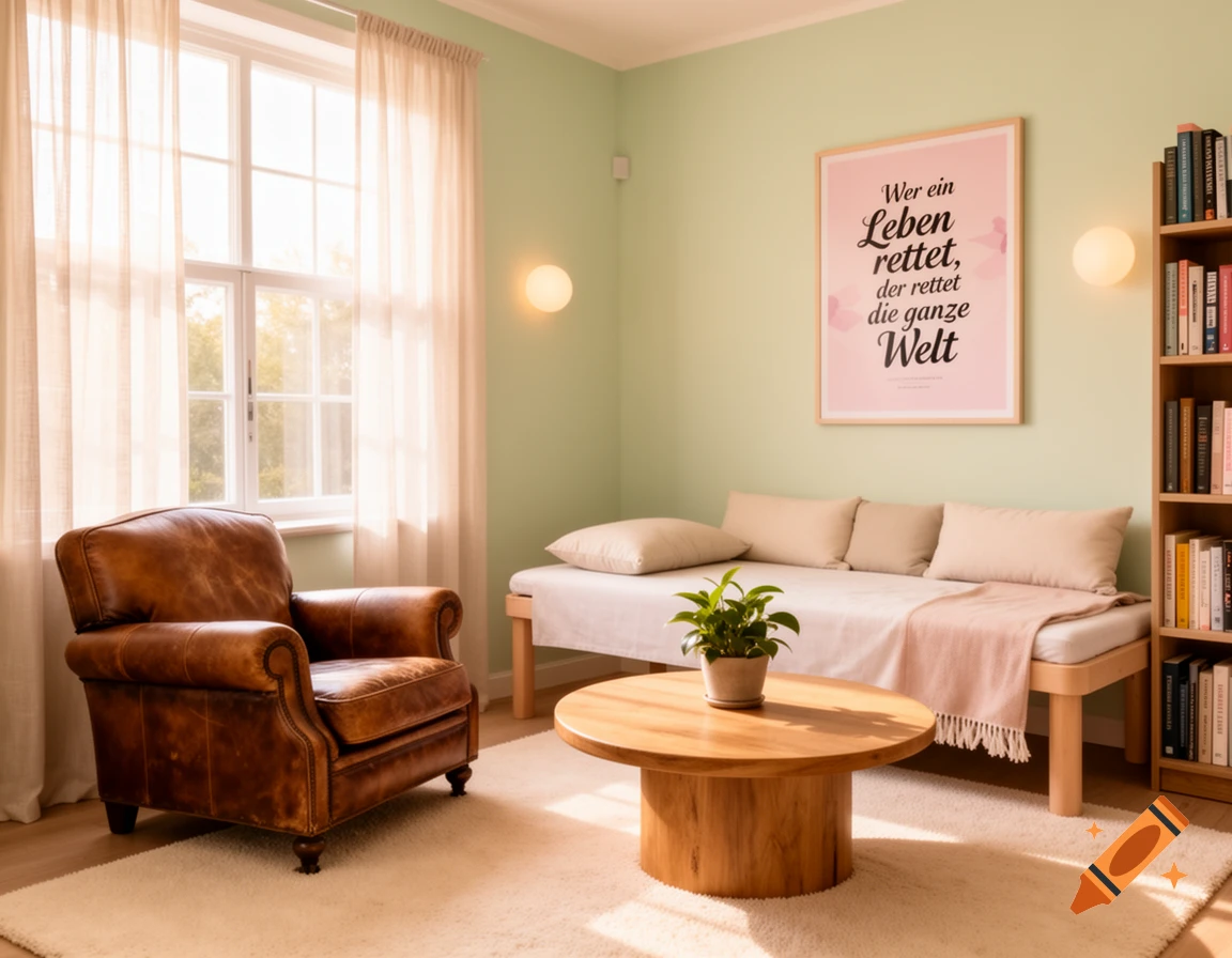 A cozy, sunlit room with a brown leather armchair, a daybed, a wooden coffee table, and a bookshelf, featuring a motivational poster on a mint green wall.