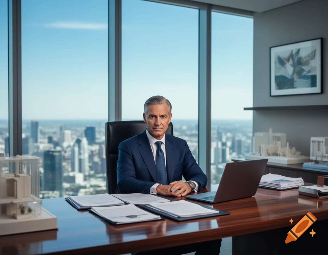 A serious businessman in a dark blue suit sits at a large desk in a modern office with a cityscape view.