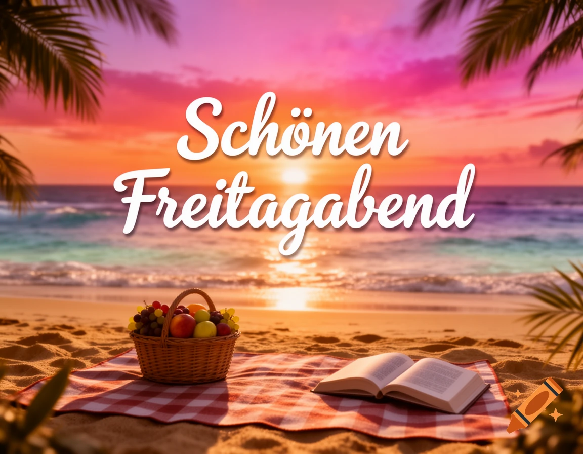 Vibrant sunset over a sandy beach with palm trees, a picnic blanket, fruit basket, and an open book. White text reads 'Schönen Freitagabend'.