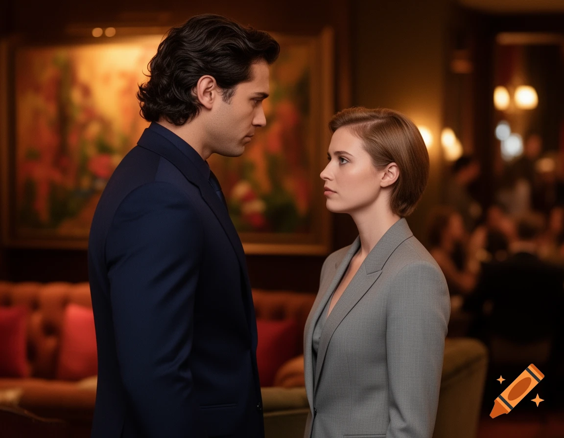 A man in a dark blue suit and a woman in a gray suit stand facing each other, looking intently, in an elegant indoor setting.