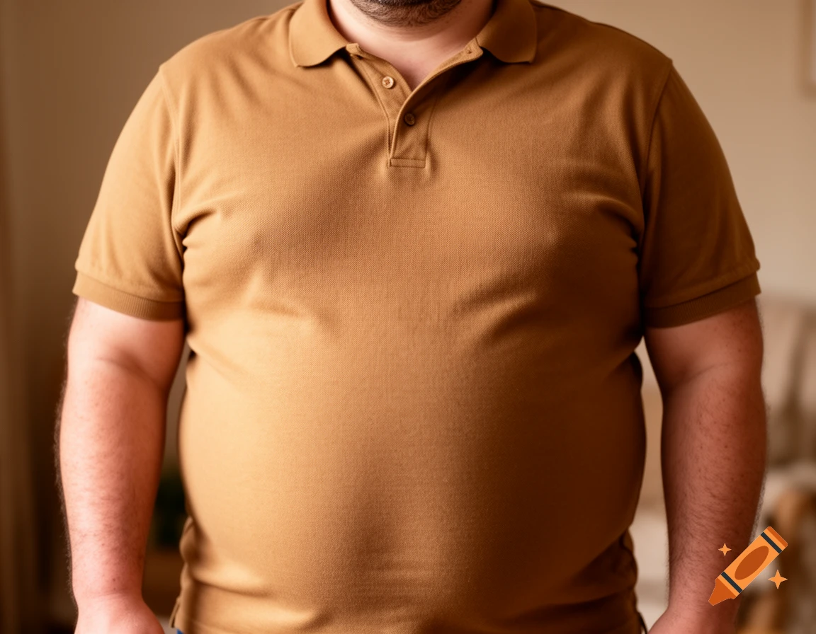 Close-up of a slightly overweight man's torso wearing a brown polo shirt.