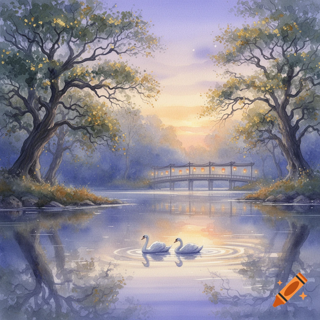 Watercolor painting of two white swans on a lake with a lit bridge and trees with golden leaves at sunset.