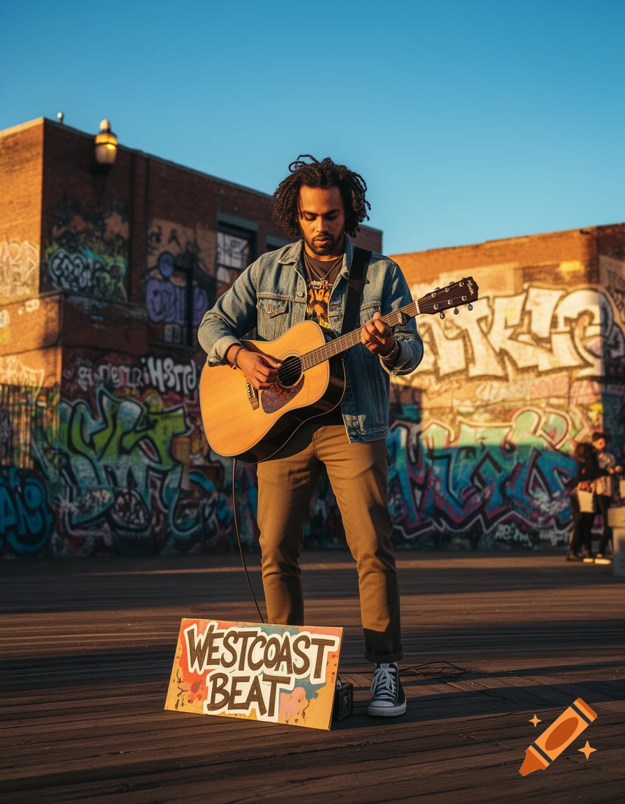A man with dreadlocks plays an acoustic guitar on a wooden boardwalk, with a sign reading 'WESTCOAST BEAT' and a graffiti-covered brick wall in the background.