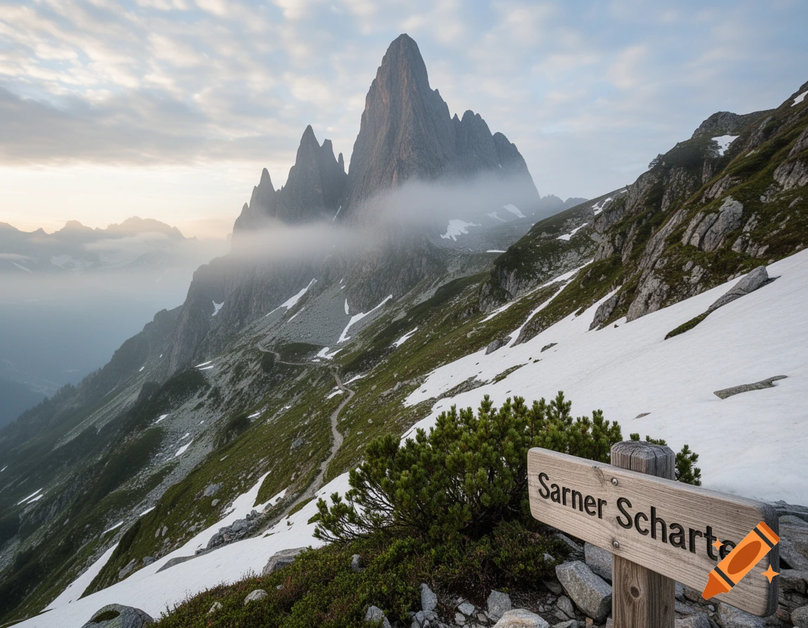 Photorealistic mountain landscape with snowy slopes, green terrain, and a wooden sign reading 'Sarner Scharte' in the foreground.