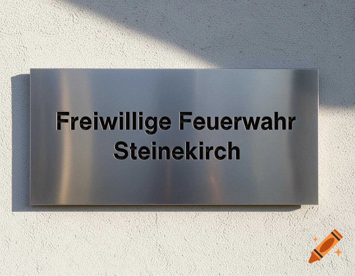 A rectangular brushed silver metal sign with the words "Freiwillige Feuerwehr Steinekirch" in black letters, mounted on a white textured wall.