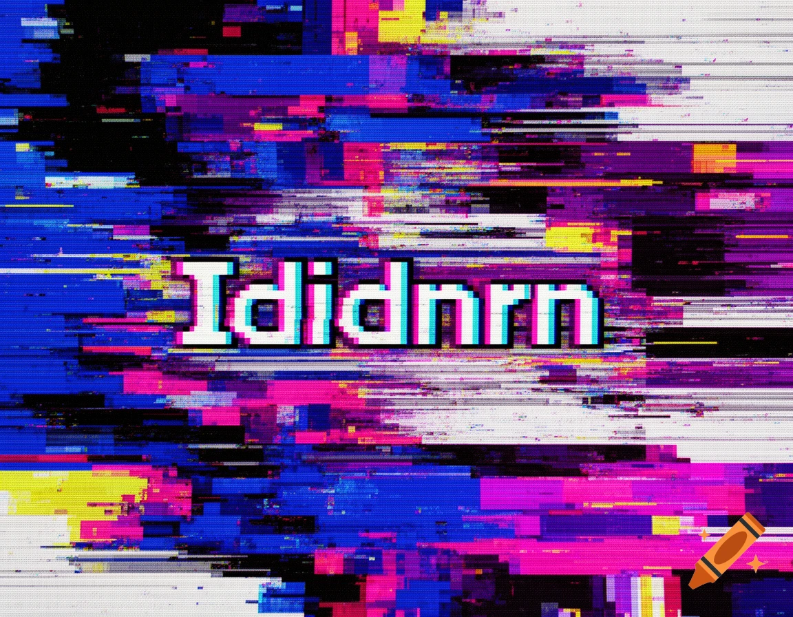 Abstract glitch art background with horizontal lines in blue, pink, and yellow, with white pixelated text 'Ididnrn' in the center.