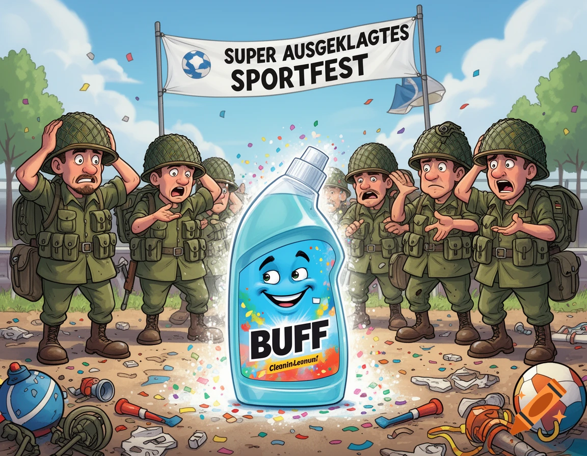 Cartoon of a smiling 'BUFF' cleaning product bottle amidst confetti, with distressed soldiers and a banner reading 'SUPER AUSGEKLAGTES SPORTFEST'.