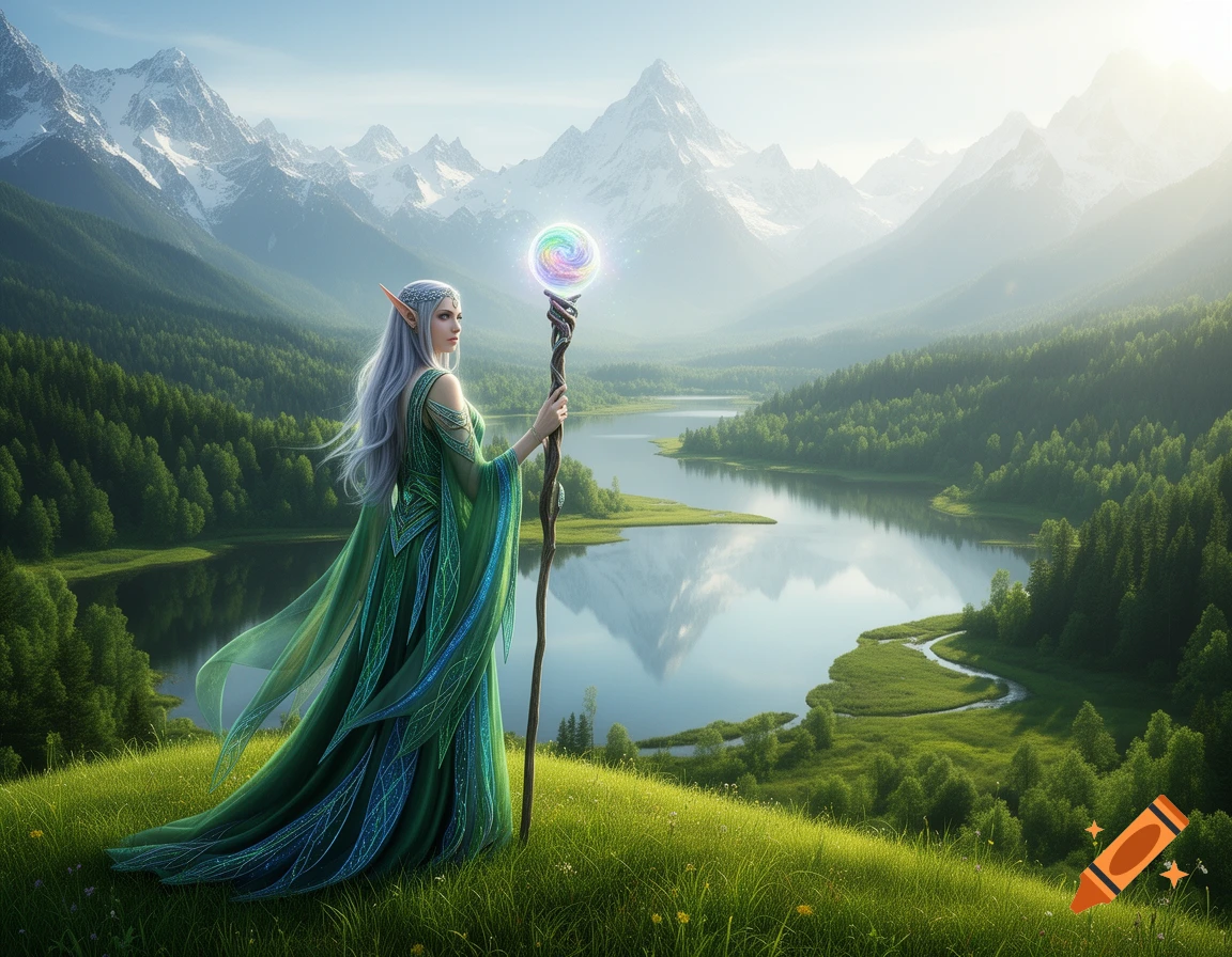 A graceful fantasy elf enchanter in a green gown stands on a grassy hill, holding a glowing staff, overlooking a serene lake and snow-capped mountains.