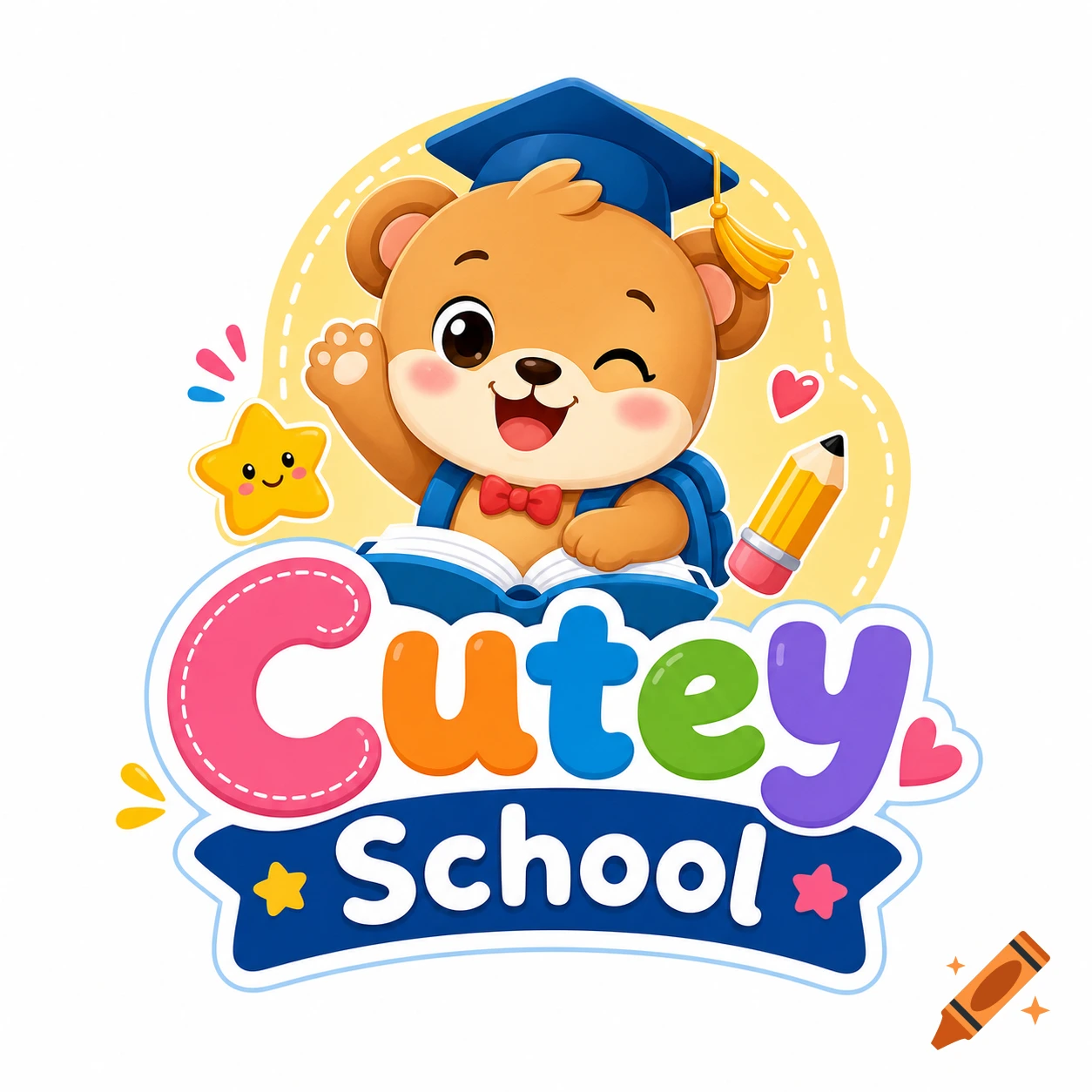 Cute cartoon bear in a graduation cap winking, waving, and holding an open book, with 'Cutey School' text.