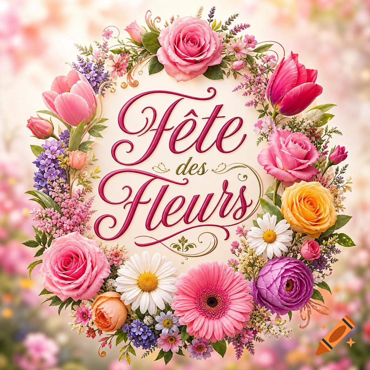 A vibrant floral wreath with pink, yellow, purple, and white flowers, centered with the text "Fête des Fleurs" in a decorative font.