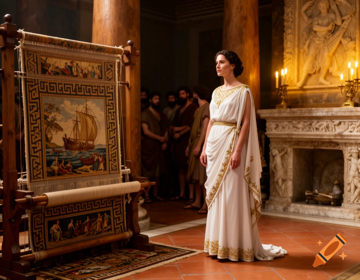 Penelope, wife of Odysseus, in a white and gold classical gown stands beside a large loom in a room with onlookers.
