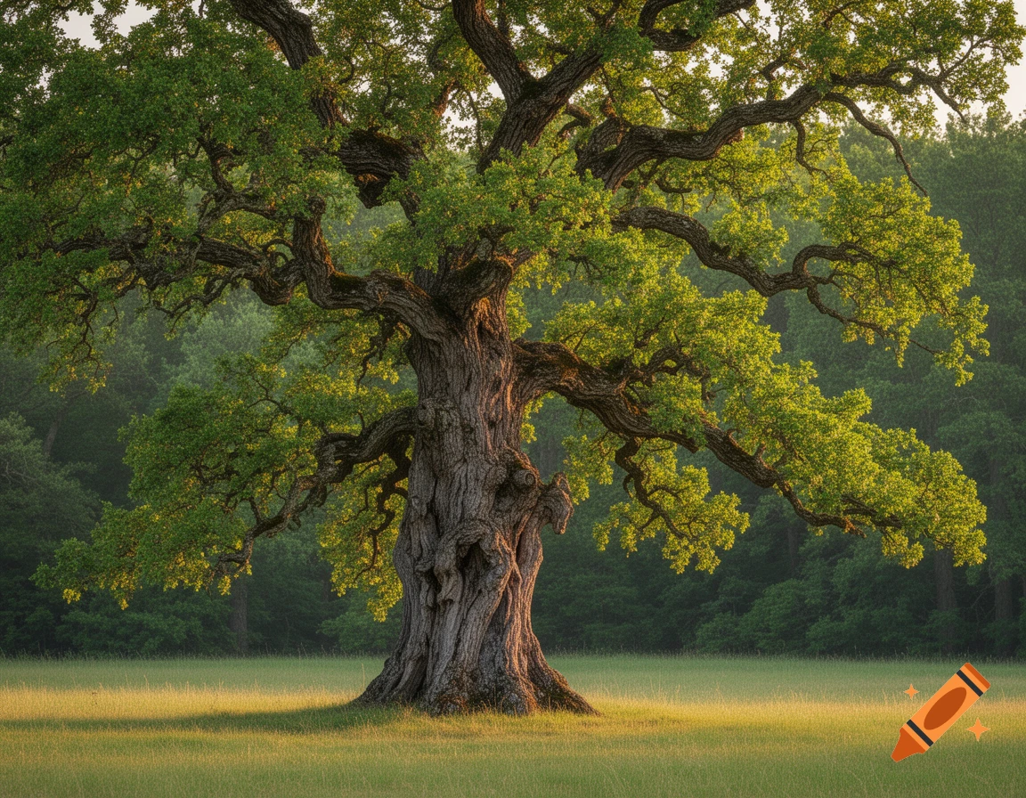 A hyperrealistic wide shot of a massive, ancient oak tree with lush green leaves in a sunlit grassy field.