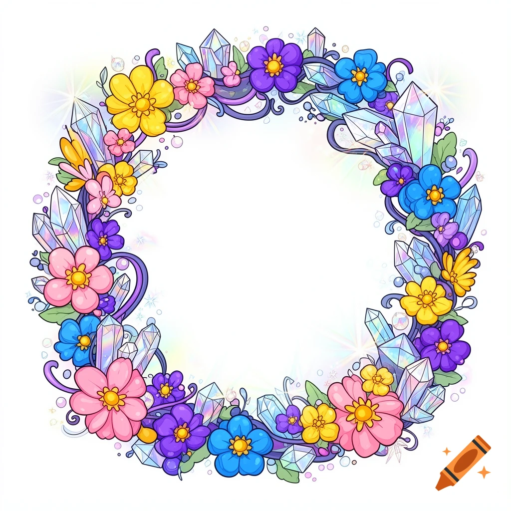 A vibrant cartoon wreath composed of colorful flowers and shimmering crystals on a white background.