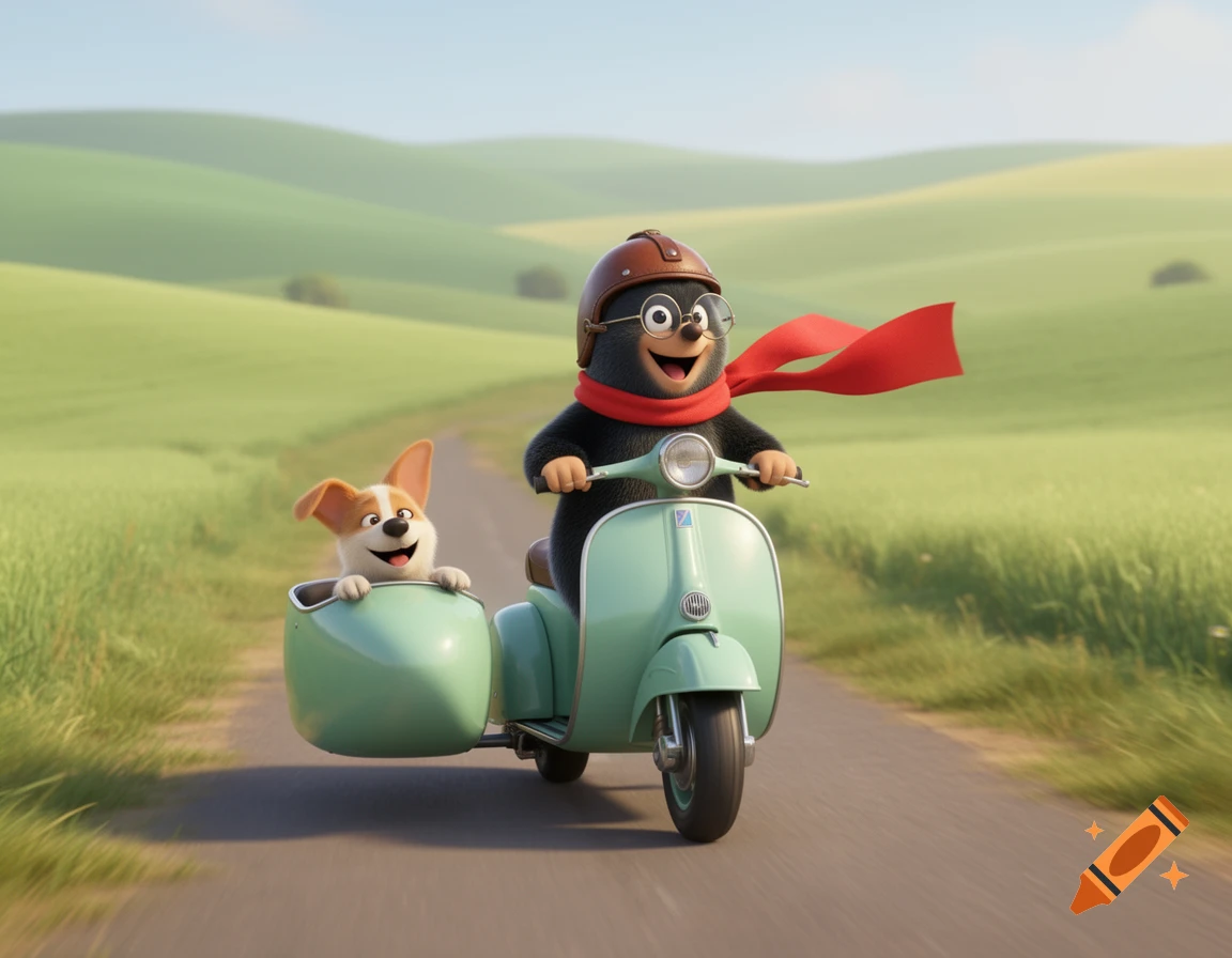 A cute 3D cartoon mole in a helmet and red scarf rides a mint-green Vespa scooter with a happy dog in the sidecar on a sunny country road.