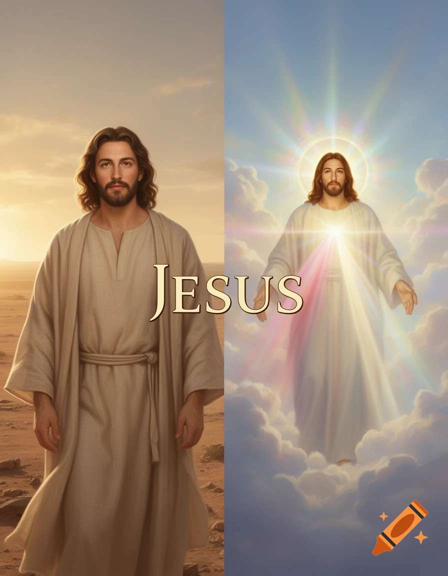 Split image of Jesus: on the left, a man in a desert at sunset; on the right, a radiant, divine figure in clouds. Text 'JESUS'.