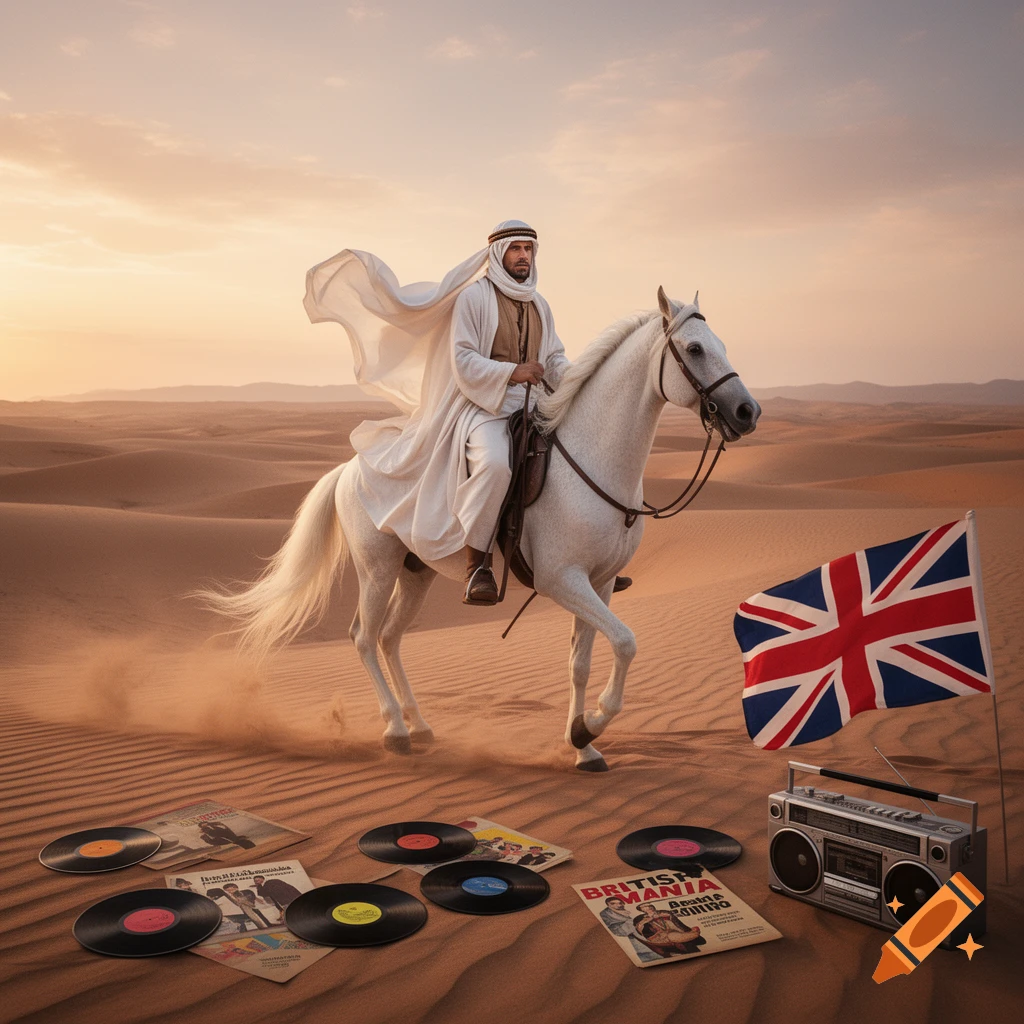 A man in traditional Arab attire rides a white horse through a desert, with a Union Jack flag, vinyl records, and a boombox on the sand at sunset. Photorealistic style.
